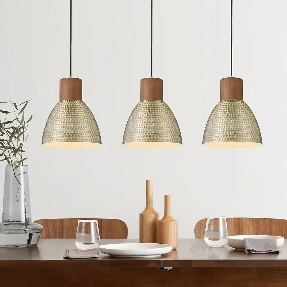 ELYONA Hammered Pendant Lights for Kitchen Island, 7” Small Solid Wood Vintage Metal Hanging Light Fixture Adjustable Height Antique Gold Pendant Lamp for Farmhouse, Dining Room, Brushed Brass, 3 Pack