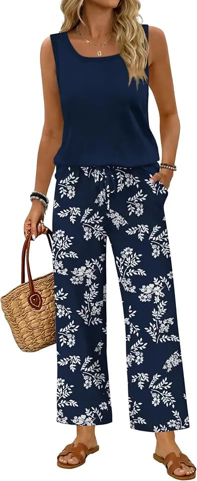 WIHOLL Two Piece Sets for Women Summer Spring Outfits Tank Square Neck Sleeveless Travel Vacation Lounge Wide Leg Pants Set