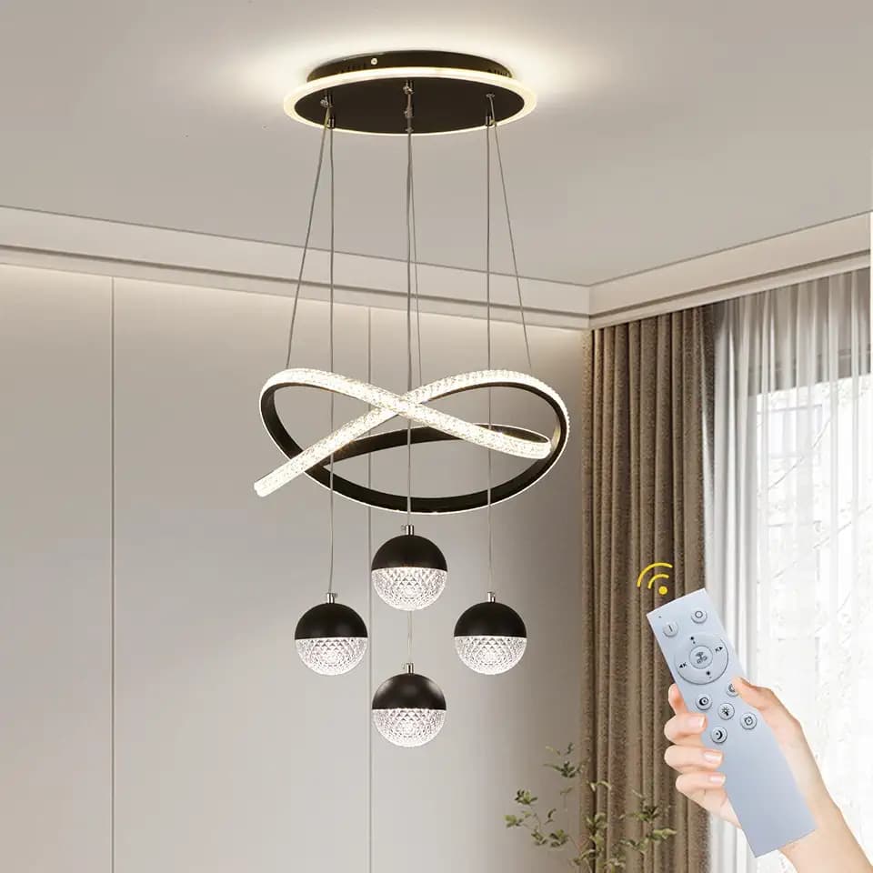 Modern Black LED Chandeliers, LED Pendant Light Dining Room Light Fixtures Over Table Dimmable with Remote Control Adjustable Modern Chandeliers for Dining Room Kitchen Island Living Room Bedroom
