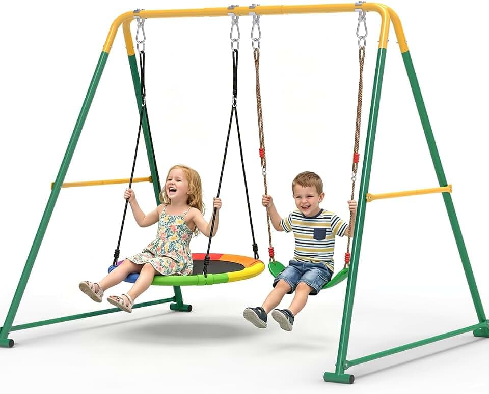 Swing Sets for Backyard, 440lbs Metal A-Frame with Saucer & Belt Swing
