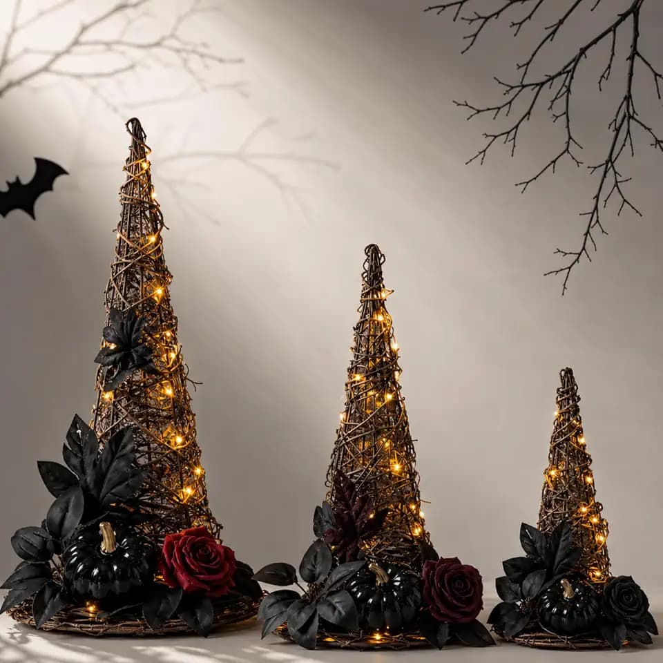 Lineshading 3 Pcs Lighted Halloween Rattan Witch Hat Table Decor, Rose