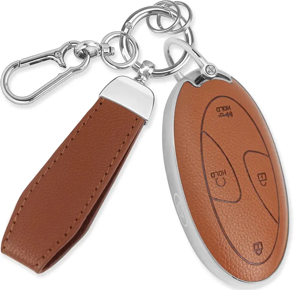 Key Fob Cover for Hyundai, Leather & Soft TPU Key Case Compatible with Hyundai Ioniq 6, Tucson, Sonata, Santa Fe, Elantra, Kona, Grandeur 2023–2025 5-Button Smart Key Case (Silver Brown)