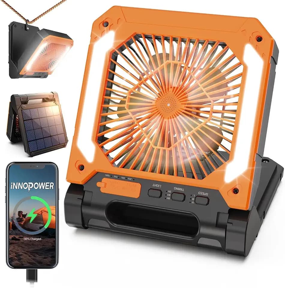 Portable Fan, Rechargeable Camping Fan with Solar Panel, 3 Speeds