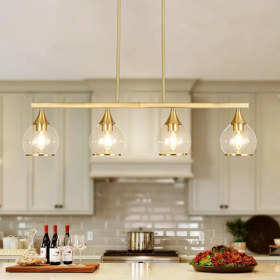 Island Light for Kitchen, 4-Light Gold Kitchen Island Linear Hanging Pendant Chandeliers, Brushed Gold Dining Room Light Fixture Over Table with Clear Round Glass Shades