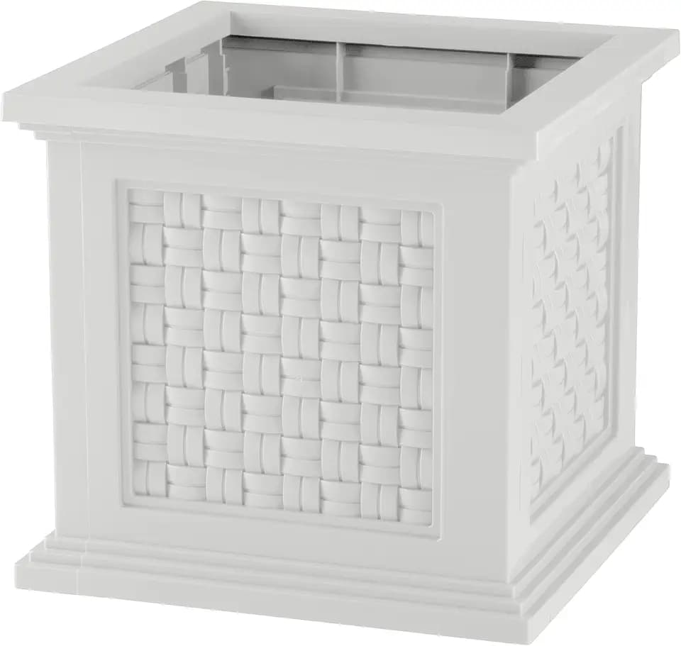 Rattan Style Outdoor Planter Box - 14.65-Inch-Square Decorative Flower or Plant Pot - Garden, Patio and Front Porch Decor by Pure Garden (White)