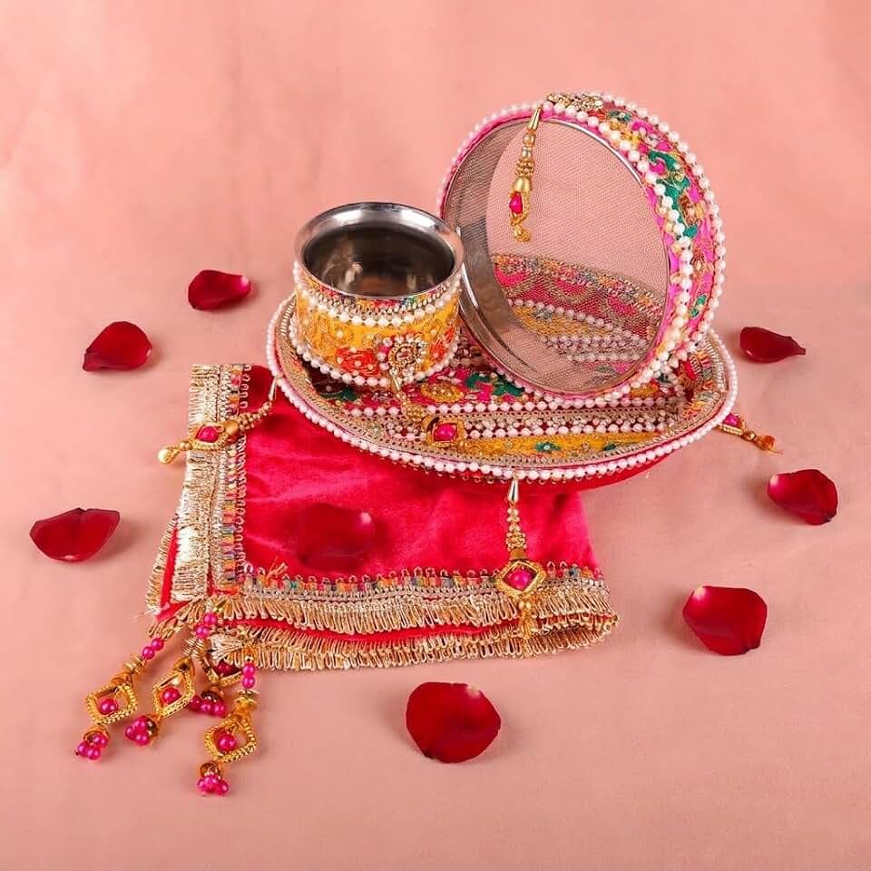 SATVIK 11 Pc Set of Decorative Karwa Chauth/Karva Chauth Thali with Lota, Channi, Story Book, Thali Cover, Bindi, Poster, Clay Diya, Roli-Chawal, Ghee Wicks, Mehendi Cone