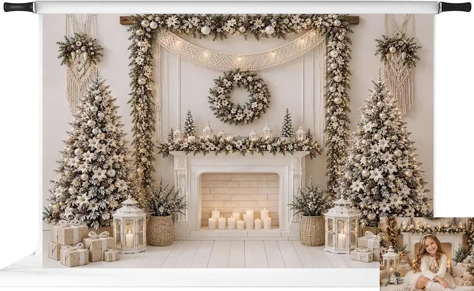 Kate Christmas Photography Backdrops Fireplace Fir Trees Backdrop Indoor Party Decorations Boho Photo Background, 10x6.5ft
