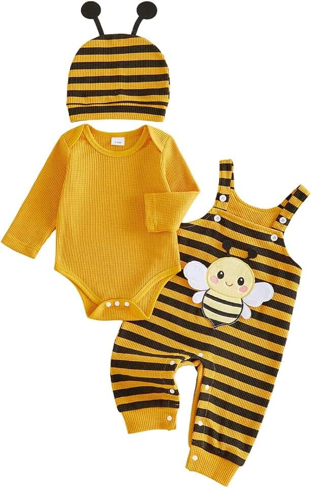 Baby-Outfit mit Bienen-Motiv, einfarbig, langärmelig, Waffel-Strampler, Tier-Patchwork, gestreift, Strapshose, Mütze, Set, Honigbienenen-Set, Neugeborene, Halloween-Outfits