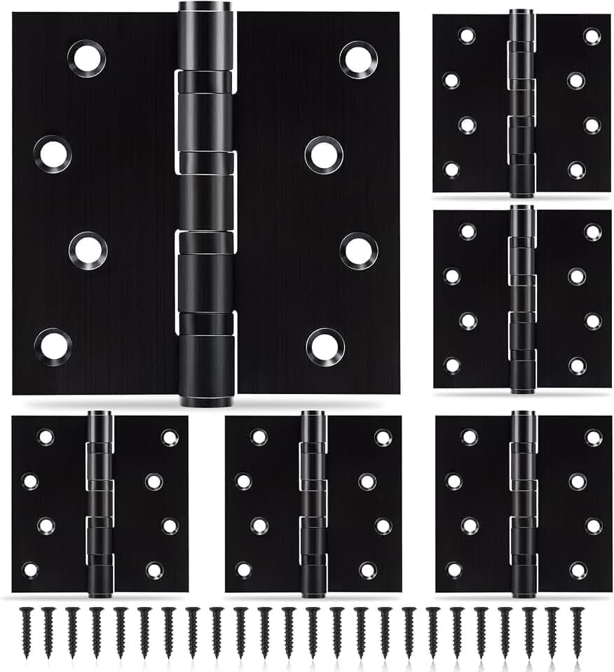 6 Pack Black Door Hinges 4 x 4 Inches, Heavy Duty Stainless Steel Ball Bearing Hinges with Screws, Square Corner, Smooth and Quiet