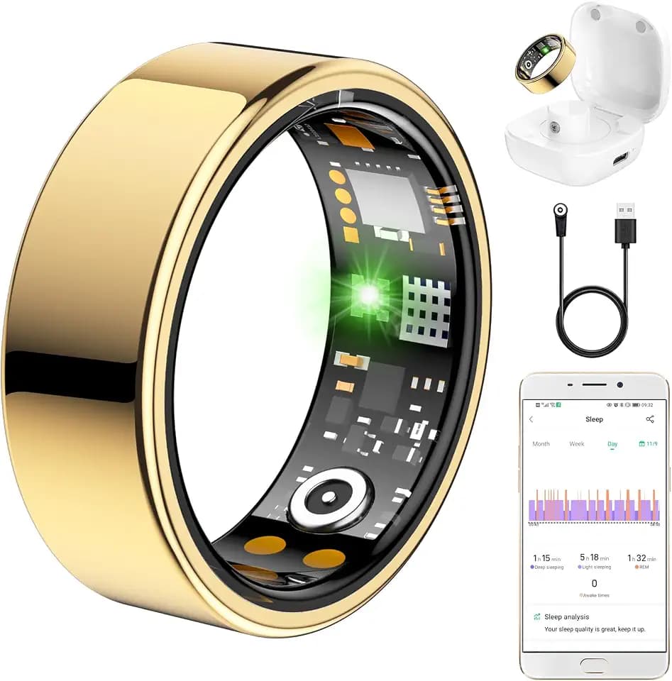Ring Health Tracker for Women Men, Fit Ring with Heart Rate, Blood Oxygen, Sleep Monitor, Calories, Step Counter, No Subscription Fee (Gold, 13#)