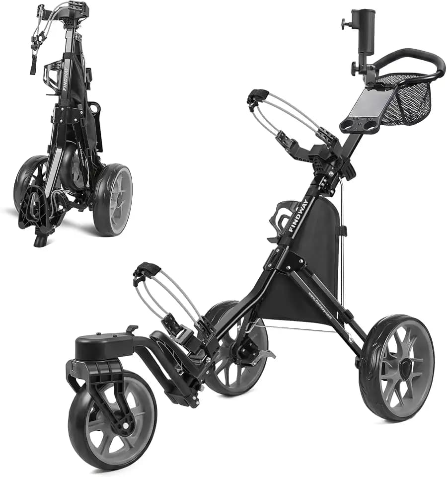 findway Golf Push Cart 3 Wheel, Foldable 360° Swivel Front Wheel Golf Bag Cart, Lightweight Golf Pull Cart with Foot Brake, Adjustable Handle, Storage Bag, Umbrella & Drink Holder