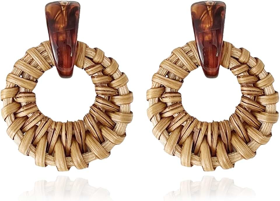 Bohemian Handmade Raffia Rattan Round Drop Dangle Earrings for Women, Lightweight Summer Beach Boho Woven Circle Statement, Cute Fun Versatile Earrings
