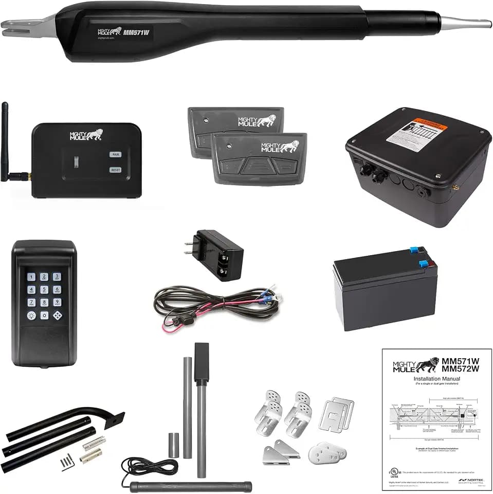 Mighty Mule Gate Opener, Solar and Smart Ready, Heavy Duty Automatic Gate Opener, Gates up to 18ft or 850lb, Single Gate Opener - Estate, MM571W-EST