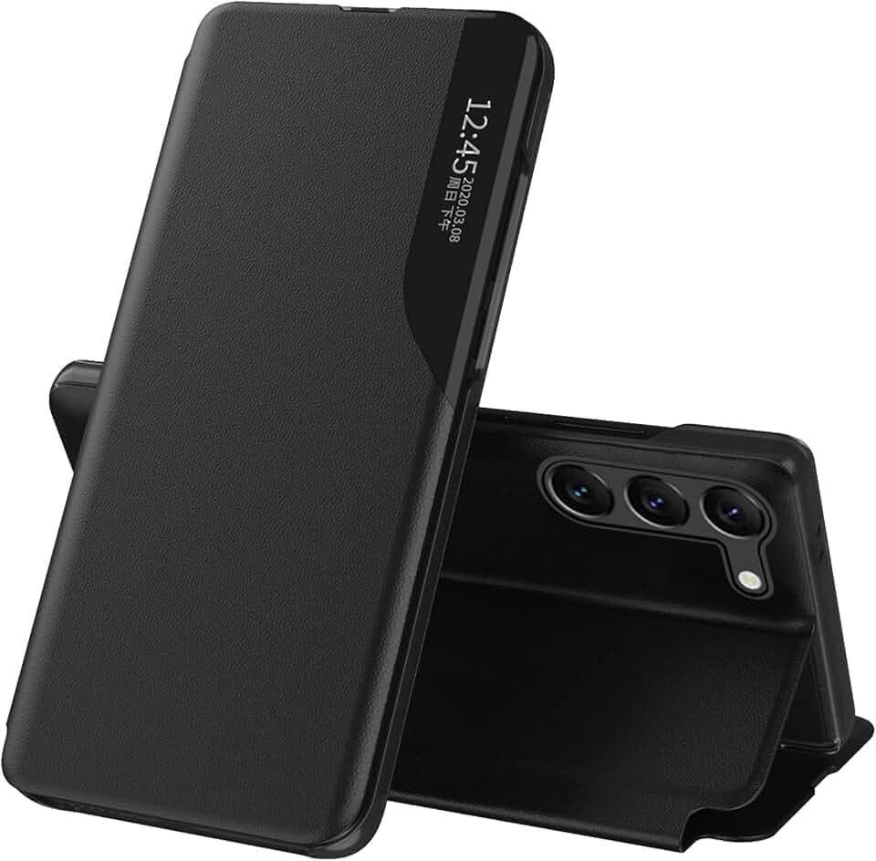 Handyhülle für Samsung Galaxy S23 Hülle Clear View Klappbar Leder Flip Schutzhülle Galaxy S23 Hülle mit Ständer 360 ​​​​Stoßfest Und Kratzfest Klapphülle für Samsung S23 5G Case 6,1 Zoll (Schwarz)