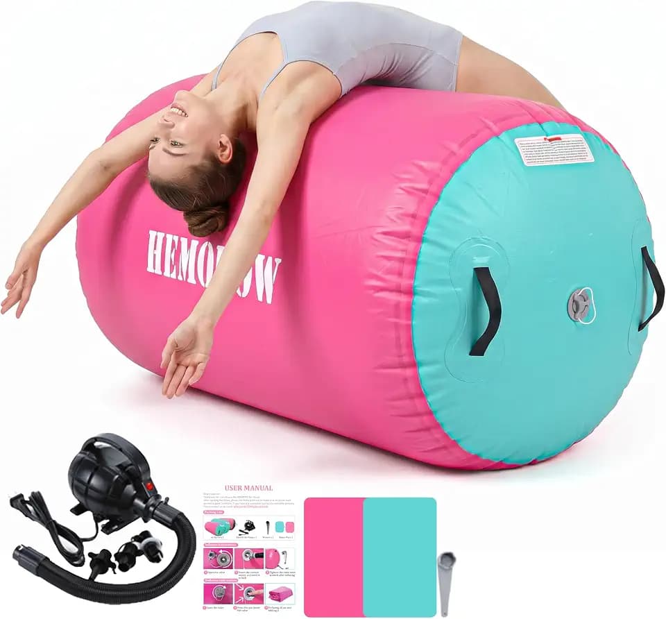 Inflatable Gymnastics Air Barrel Roller with Electric Pump, Heavy Duty PVC Tumbling Barrel Back Handspring Trainer, Air Tumble Track Mat for Home Gym, Cheerleading, Yoga Practice
