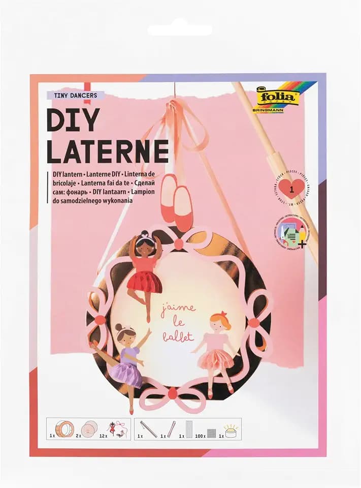 folia 94401 - DIY Laterne TINY DANCERS, ca. 19 x 23,5 x 6 cm - Laternen Bastelset gestaltbar als Ballerina oder Dackel bei der Ballet Stunde, inkl. LED Licht, 2 Batterien und Klebepad