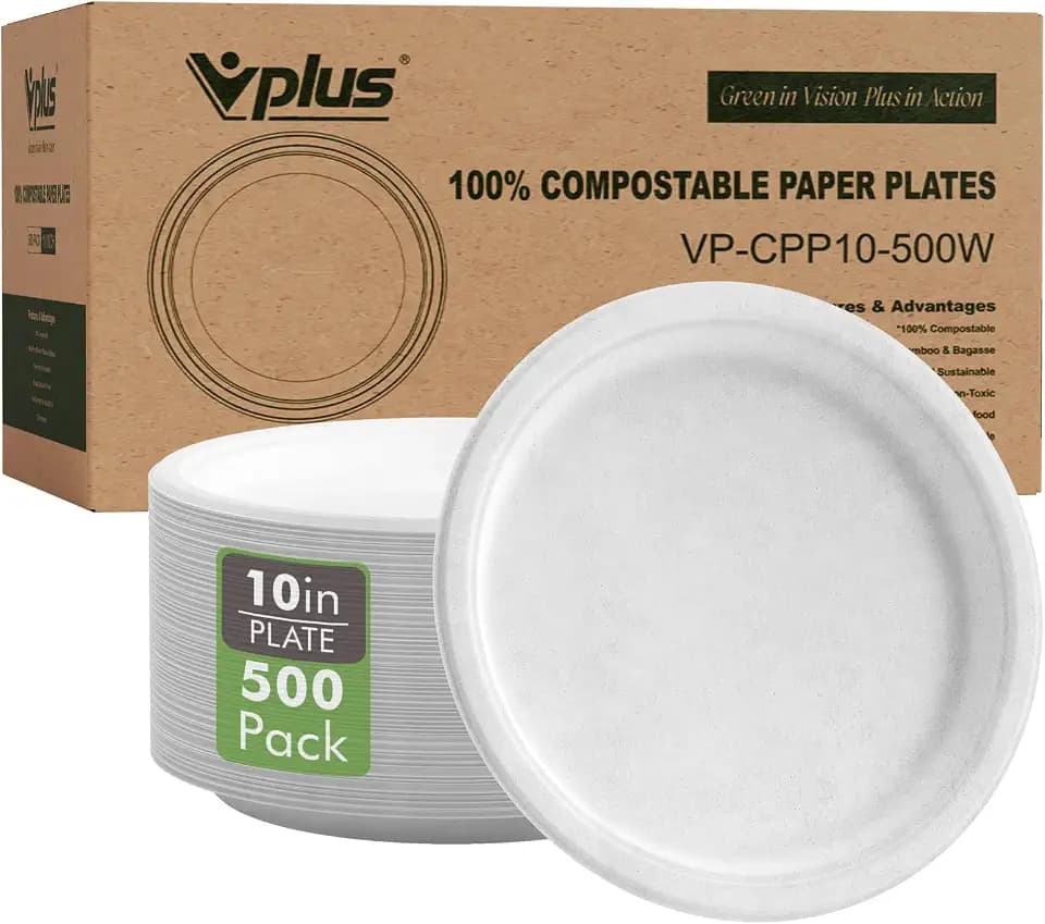 Vplus 500 Pack Compostable Bagasse Paper Plates 10.25 inch, White