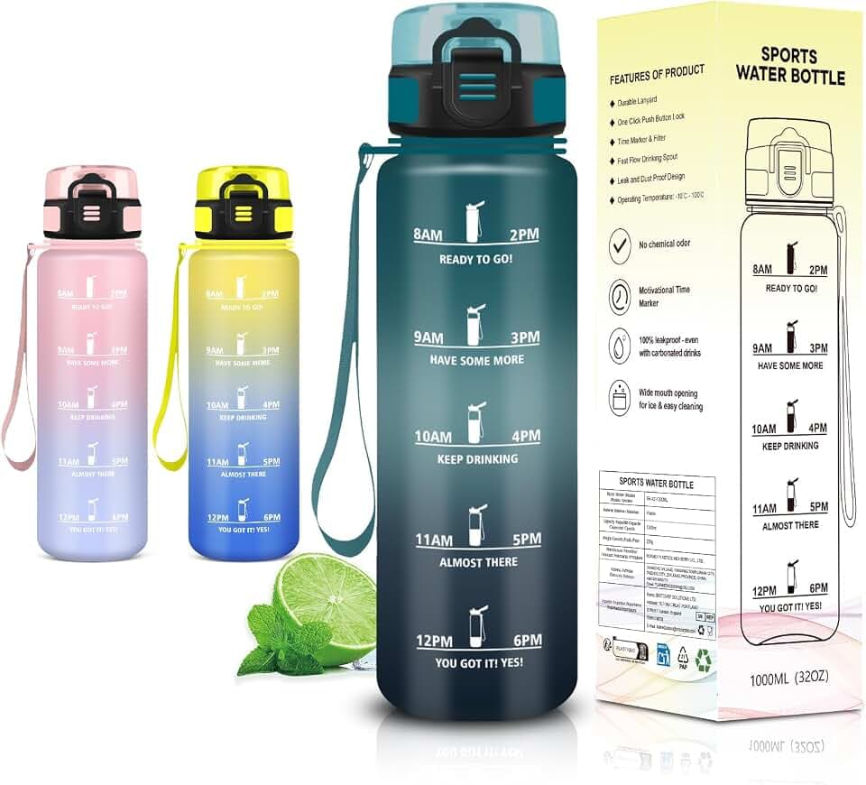 Grsta Trinkflasche 1l, Wasserflasche Sport 1l, Flasche mit Uhrzeit fur Gym