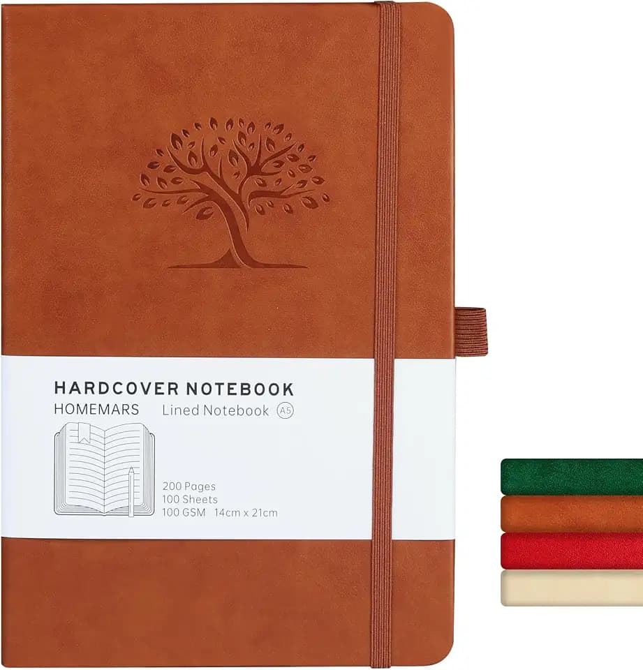 HOMEMARS Notizbuch, Notebook, a5, Journal buch, Reisetagebuch, Liniert a5, Notizblock, Notizbücher a5, 100gsm, 200 Pages, Reisetagebuch, Notizbuch Leder, Prägebaum Design,Braun,21cm*14.5cm