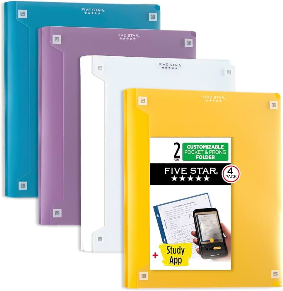 Five Star 2-Pocket Folder + Study App, 4 Pack, Plastic Folder with Prong Fasteners and Customizable Clear Cover, Holds 8-1/2" x 11" Paper, Assorted Trend Colors (340220B-ECM)