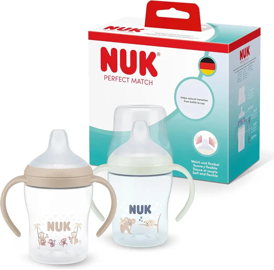 NUK Perfect Match Night Trinklernflasche | 6+ Monate | 150 ml | Auslaufsicherer Trinklernbecher für Kleinkinder | Rutschfeste Griffe | Leuchtet im Dunkeln | Blau | 2 Stück