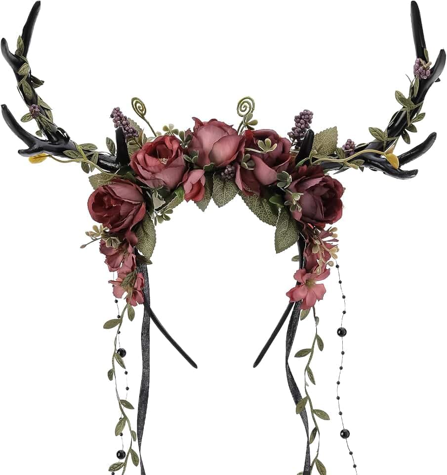 MOSTORY Geweih Hirschhörner Floral Kopfschmuck für Faschingskostüme Karneval, Antlers Headband für Renfaire Cosplay