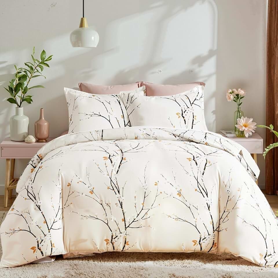 Freyamy Blumen Bettwäsche 200x220cm 3teilig Beige Pflaumenblüten Zweig Elegante Bettwaren-Sets Gebürstet Microfaser Weiche Bettwäsche Mädchen Bettbezug mit Reißverschluss und 2 Kissenbezug 80x80cm