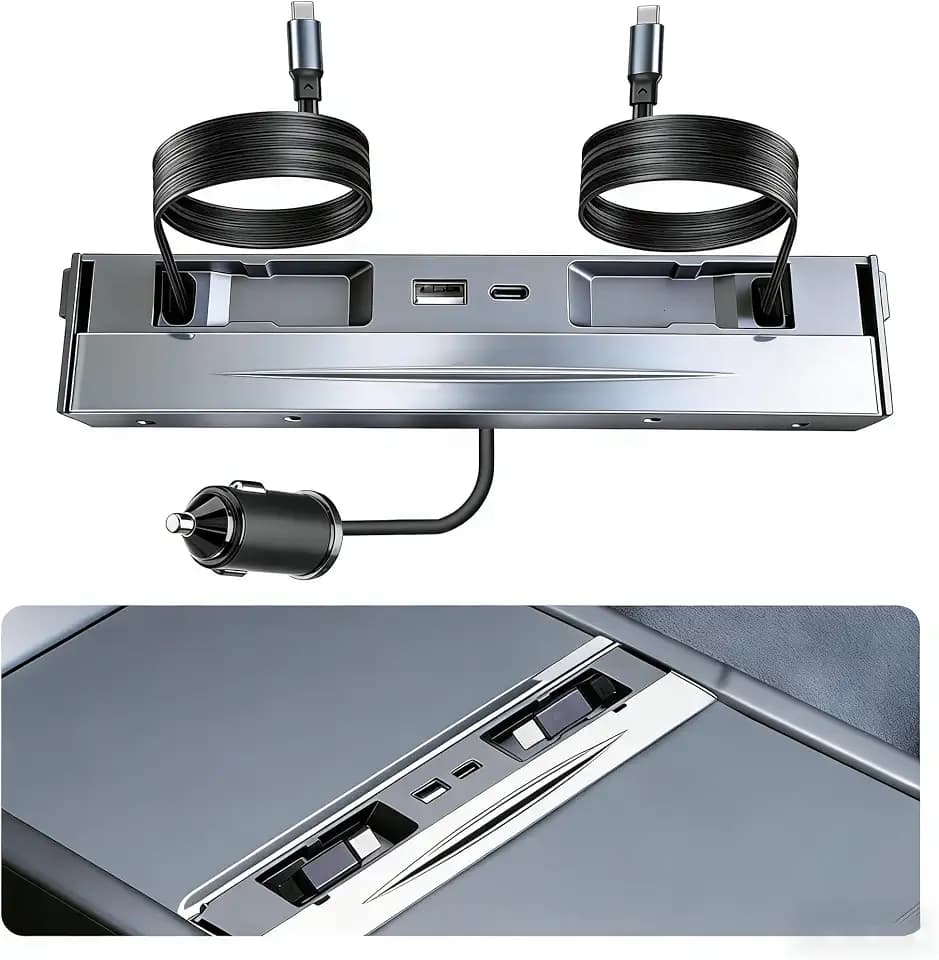 130W USB Hub for Tesla Model 3 Highland 2024 2026 Model Y Juniper 2025 2026, 65W+45W Dual Type-C Retractable Cables 4 in 1 Multi Port Fast Charger Docking