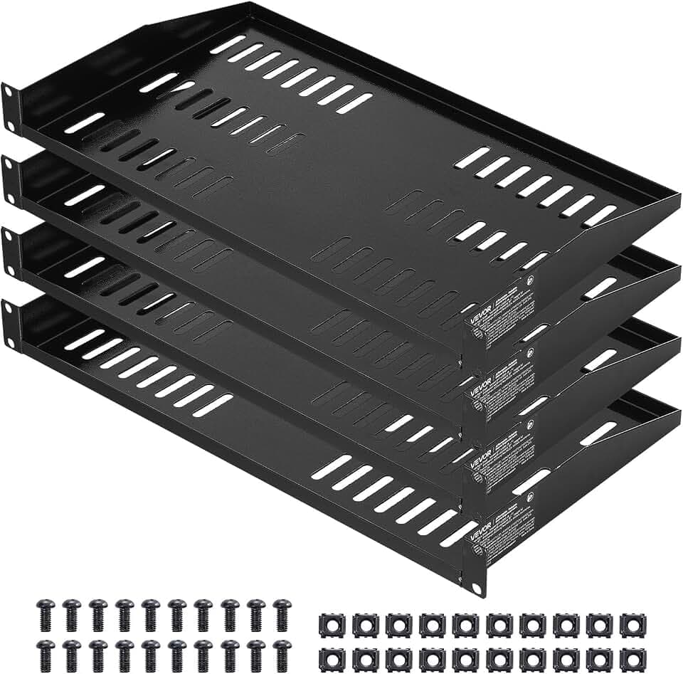 VEVOR 1U Server Rack Shelf, 4 PCS, 50 lbs Max Load-Bearing Vented Cantilever, Wall Mount or Rack Mount Shelf with Tray, 10 in Depth, Good Air Circulation for 19 Inch Cabinet Computer Network Equipment