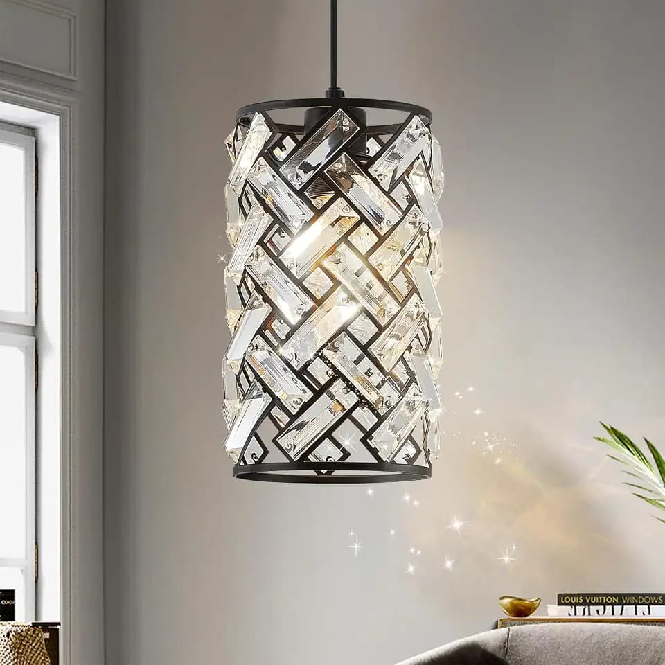 CATINER Black Crystal Pendant Light, Mini Kitchen Island Hanging Light, E26