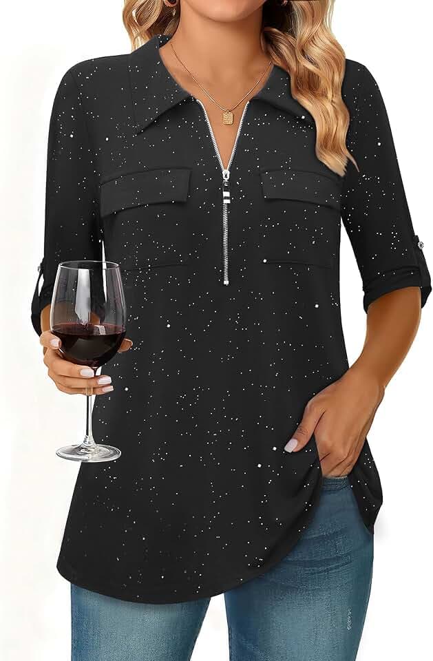 Bulotus Women's 3/4 Sleeve Collared Blouses Business Casual Tops Zip Front V Neck Work Shirts Loose Fit Tunic Tops