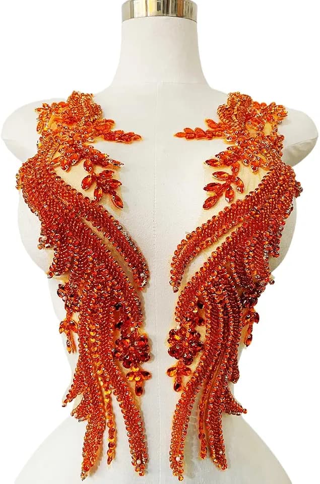Handmade Rhinestones lace Appliques sew on Beads Trim Patches for Dress Clothing Accessories 1Pair/Bag 5.5X20.4inches (Orange)