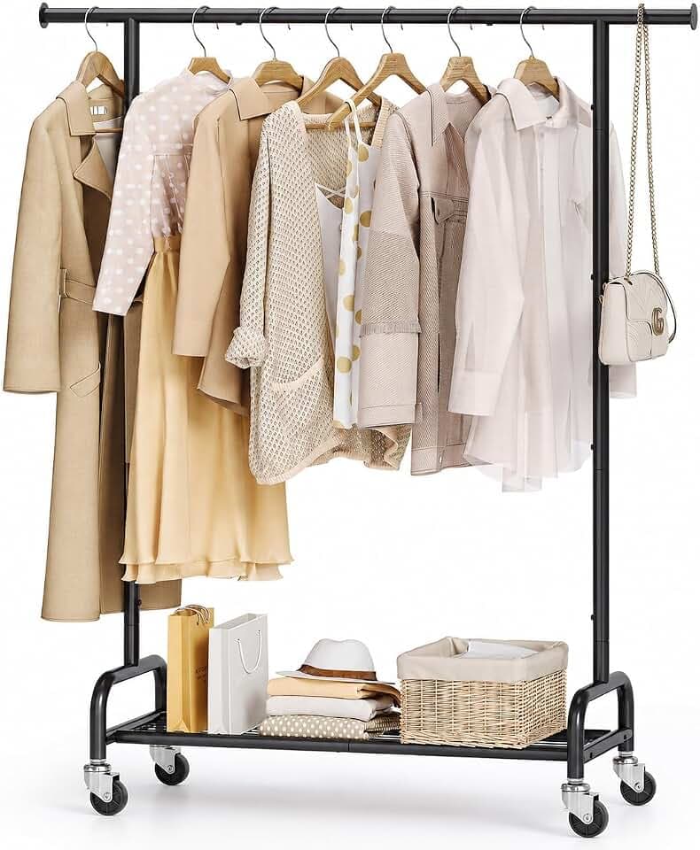 KINGRACK Kleiderständer, Rollbarer Kleiderständer mit Ablageflächen, Metall-Kleiderorganizer auf Rollen für Hängende Kleidung, Tragbarer Kleiderschrank (Einzel, Schwarz)