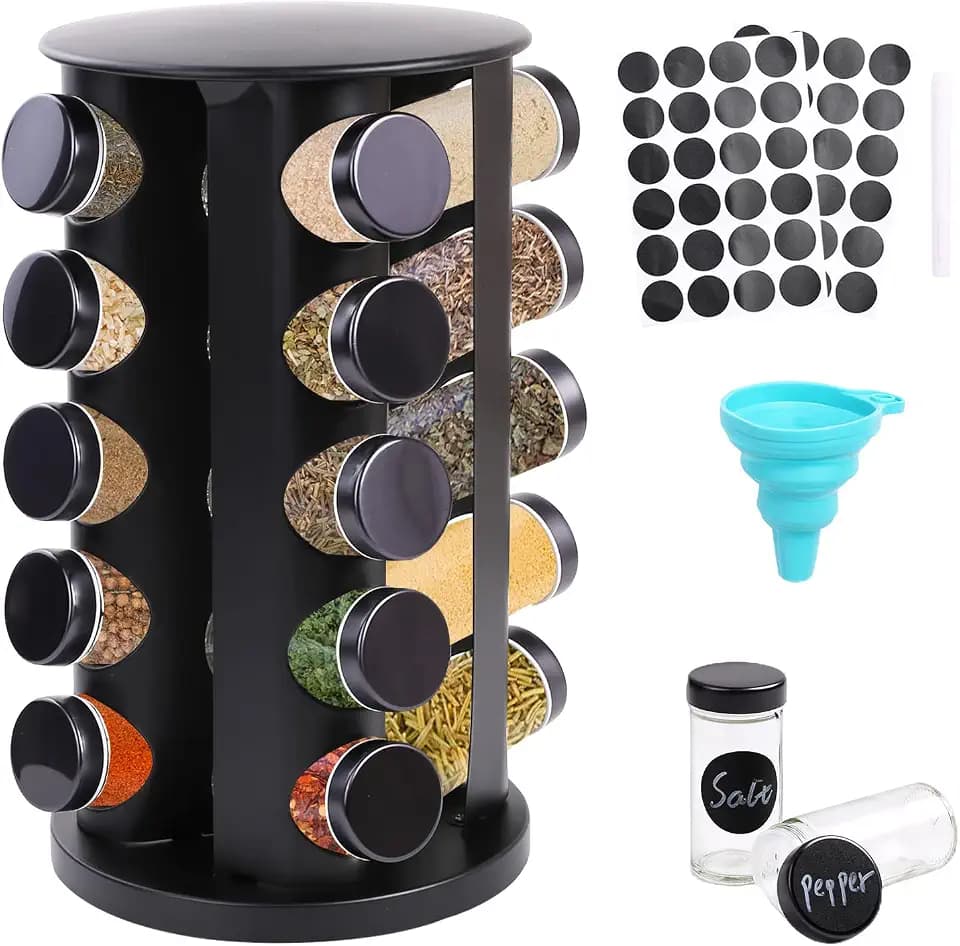 360° Gewürzregal Drehbares Schwarz, Gewürz Organizer Gewürzkarussell mit 20 Gewürzdosen, Etiketten, Stift, Trichter, Deckel, Edelstahl Gewürzregale, Gewürzaufbewahrung für Küchenarbeitsplatte