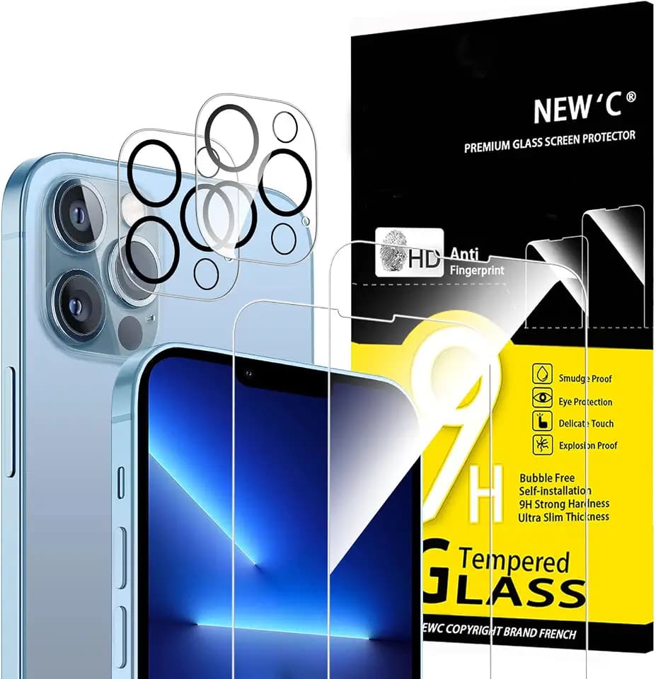 NEW'C Pack of 4, 2 x Tempered Glass for iPhone 13 Pro Max and 2 x Rear Camera Protection, Anti-Scratch, Bubble-Free, Ultra-Resistant, 9H Hardness Glass