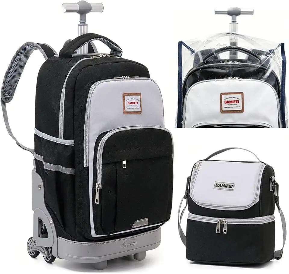 18 Inch Black Rolling Backpack for Kids, Black Climb Stairs Rolling Backpack with Wheeled School Backpack, Spacious Multiple Compartments Quiet Wheels Travel Backpack for Boys