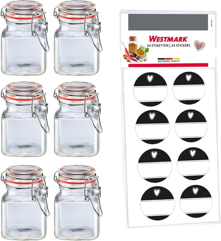 Westmark Drahtbügelgläser – 6er-Set, 100 ml, Inklusive 8 Dekoetiketten | Für Gewürze, Kräuter und Tees, inklusive 8 Dekoetiketten, transparent,