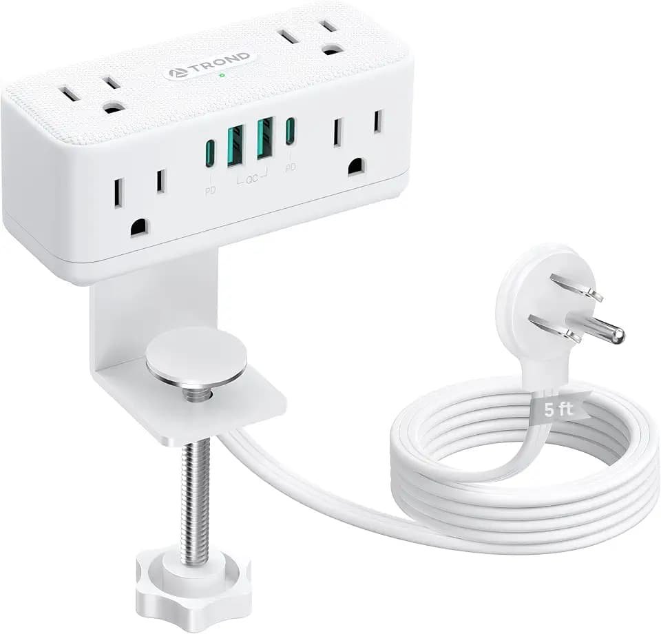 TROND Compact Desk Clamp Power Strip 5ft, Fit 2.16" Tabletop Edge, White