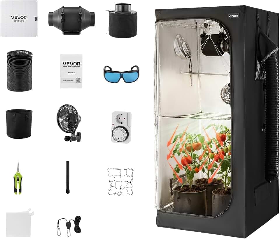 VEVOR Growzelt, 80x80x180 cm, Indoor-Pflanzenzelt mit Vollspektrum-LED-Zuchtlicht & Belüftungssystem, Growbox 600D hochreflektierendes Mylar, Zuchtzelte, Gewächshaus für Blumen & Gemüse
