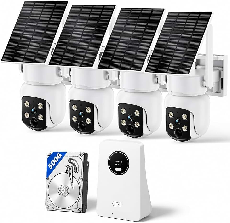Security Cameras Wireless Outdoor, Classic 4-Cam Kit, Solar Powered | No Subscription Required, 500GB HDD Build-in Storage, 360° PTZ, 4MP Color Night Vision, Easy Install