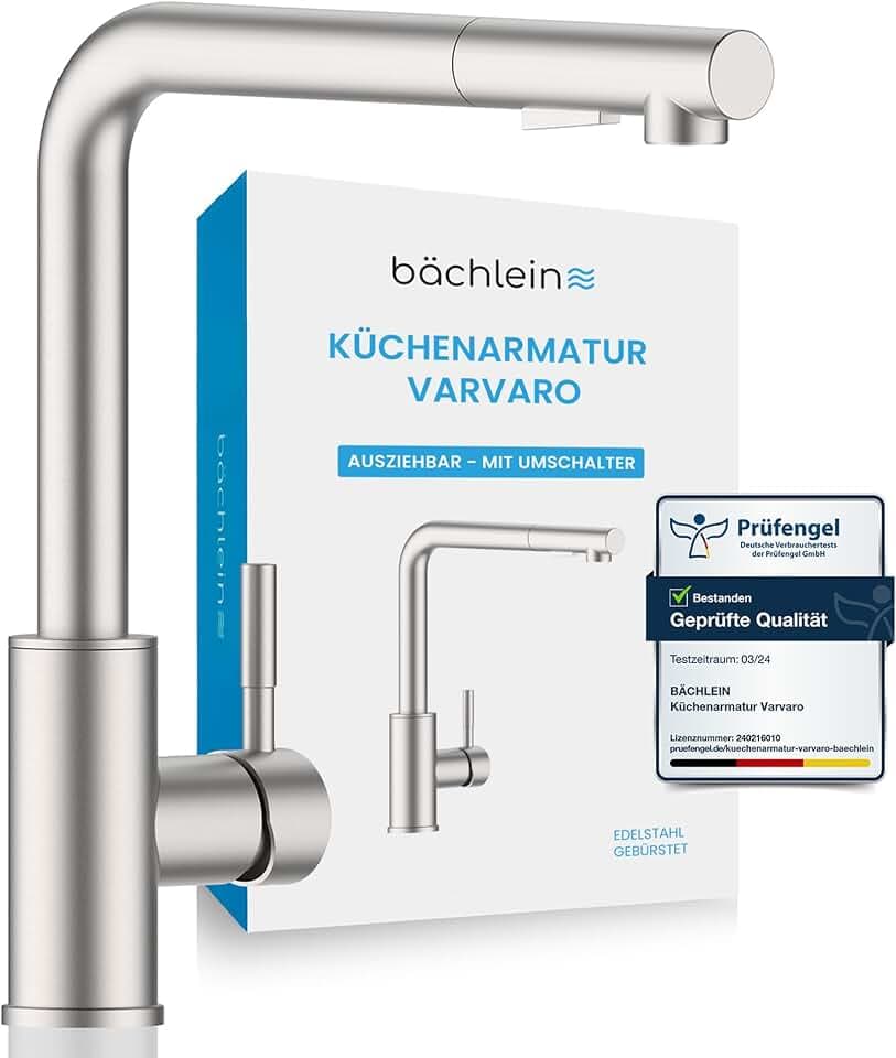 Bächlein Küchenarmatur Varvaro – 360 Grad schwenkbarer Wasserhahn für die Küche (gebürsteter Edelstahl) – Einhand-Spültischbatterie aus Edelstahl mit ausziehbarem Schlauch und Brause mit Umschalter