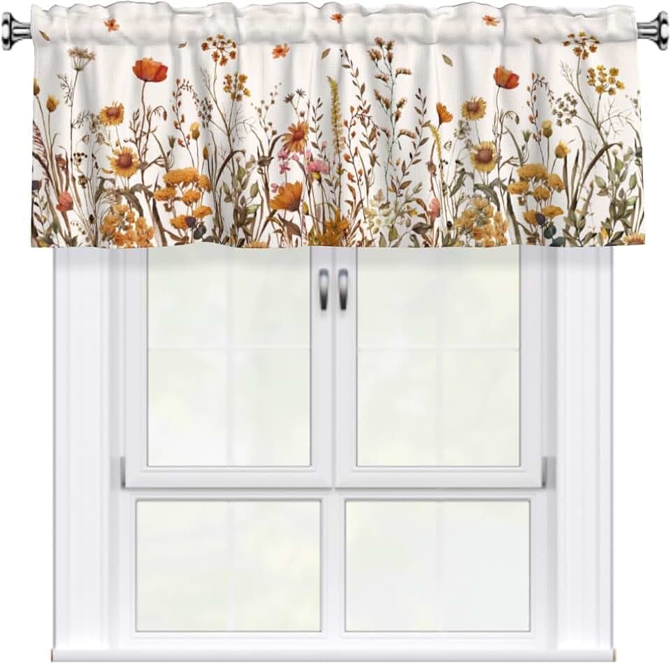 Fall Floral Window Valance, Autumn Wildflower Short Kitchen Valances Drapes, Thanksgiving Harvest Seasonal Rod Pocket Curtain Valance for Bathroom Dining Room, 54x18Inch, 1 Panel