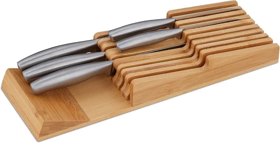 Relaxdays Messerhalter Schublade, für 9 Messer, Bambus Messerblock für Schublade, HBT: 5,5 x 13 x 40 cm, liegend, Natur