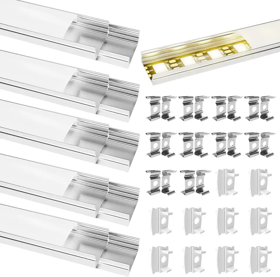 10 PACK 0.4m LED Profil Aluminium, 10x0.4 m U-Form Aluminiumprofil mit milchiger Abdeckung für LED-Strips, led leiste, Endkappen, und Montageklamme (10x0.4m U-Form)