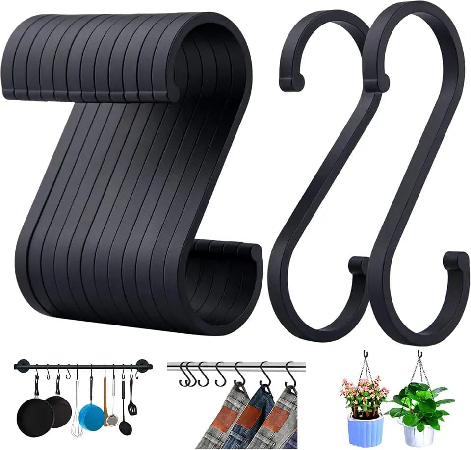ACMETOP S Haken, 12er Pack S-förmige Haken, S Haken für hängende Töpfe und Pfannen, Pflanzen, Kaffeetassen, Kleidung, Handtücher in Küche, Schlafzimmer, Bad, Büro und Garten（Schwarz Matt）