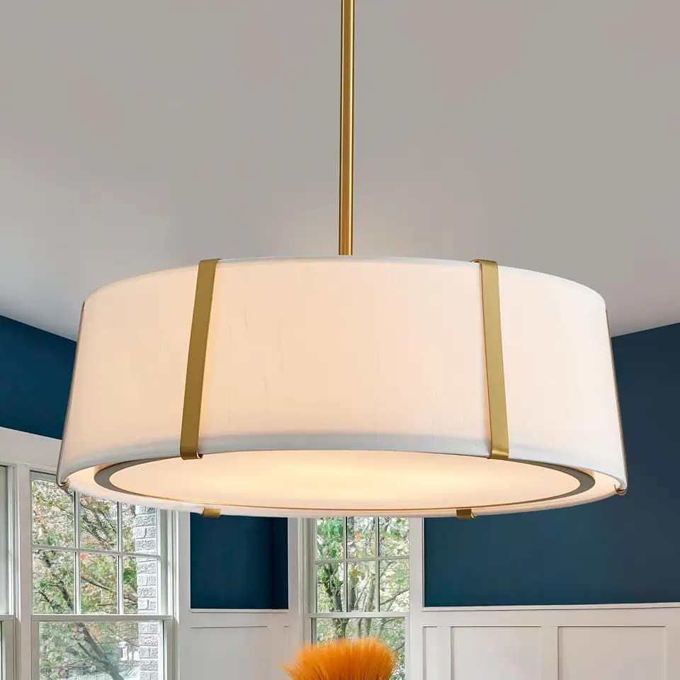 Shrine Lighting Drum Chandeliers, Modern Style, Drum Pendant Light for Living Space, D18'' x H6'', Adjustable Chains 39.4'', E12*4 Sockets, White Lampshade & Brass Finish