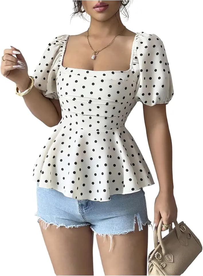 Floerns Women's Elegant Polka Dots Top Puff Sleeve Peplum Square Neck Ruffle Going Out Tops