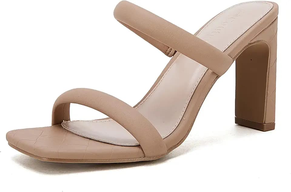 Coutgo Womens Heels Sandals Open Square Toe Two Strap Chunky High Heel Mule Sandal Comfortable Summer Dressy Shoes
