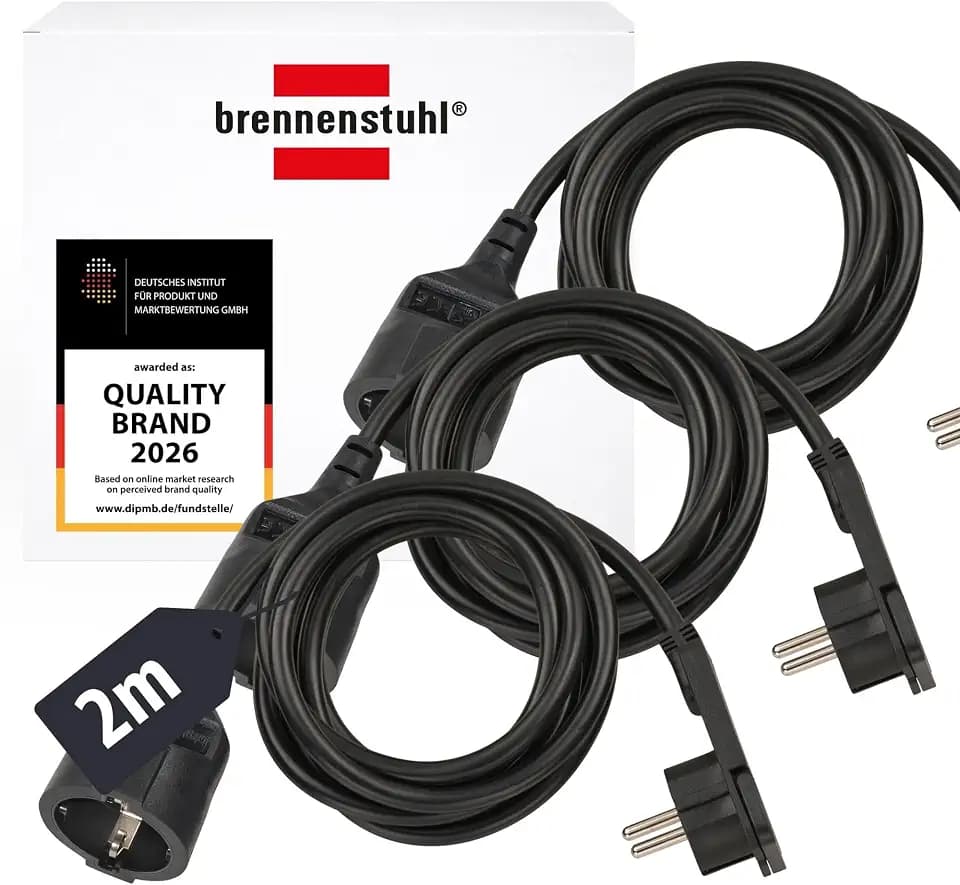 Brennenstuhl 3er Set Qualitäts-Kunststoff-Verlängerungskabel mit Flachstecker, kompatibel mit Haushaltsgeräten (Verlängerungskabel flach für innen mit 2m Kabel) schwarz