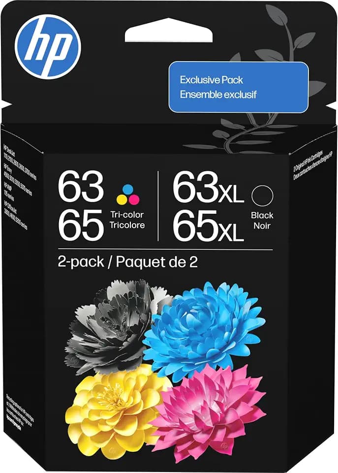 HP Original 63/65XL Black High‑Yield + 63/65 Tri-Color| Works DeskJet 1110, 2100, 2600, 3600, 3700, Envy 4500, 5010, 5050, 5070, OfficeJet 3800, 4600, 5200 Series (B87FDAN)